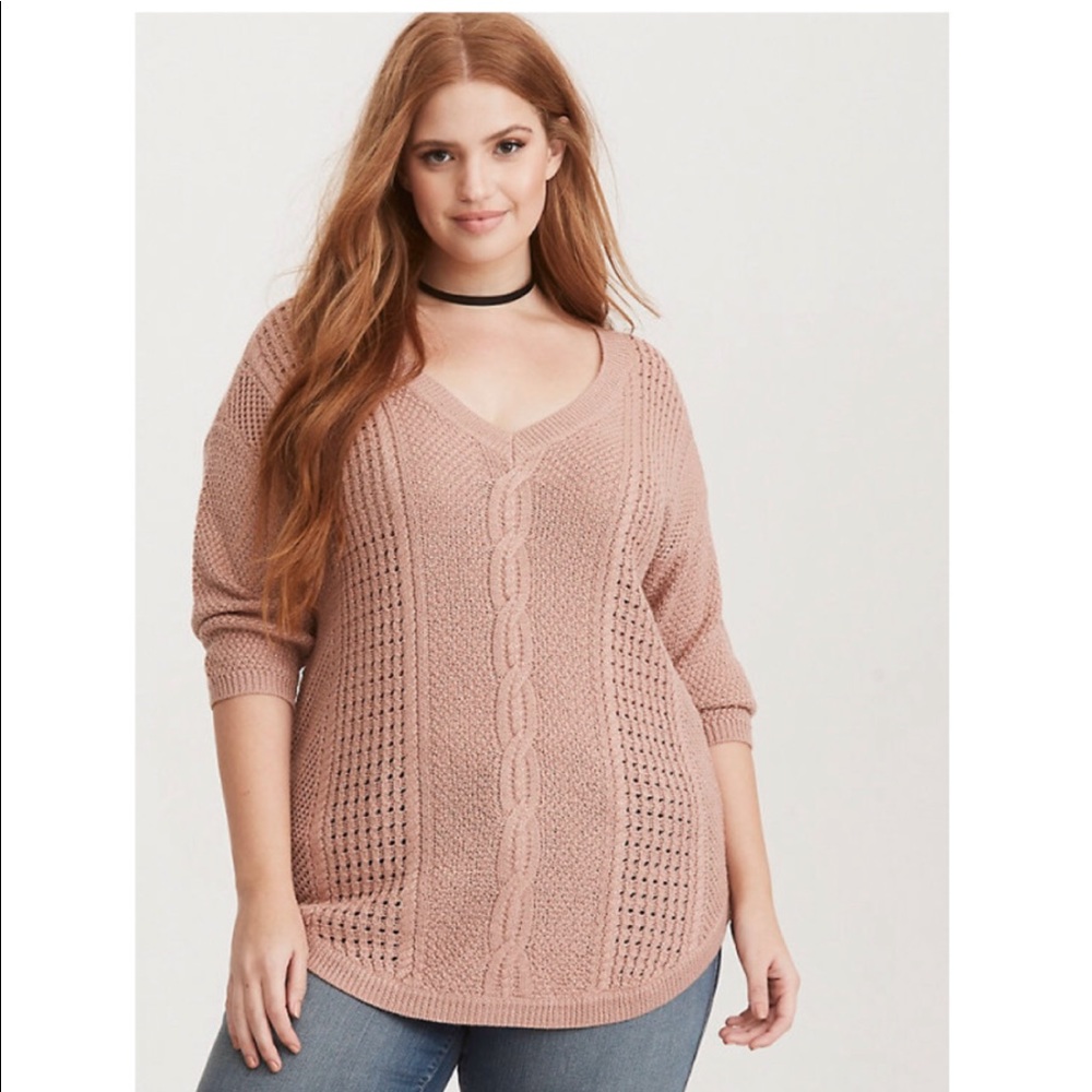 TORRID Rose Gold Nude V-Neck Cable Knit Sweater